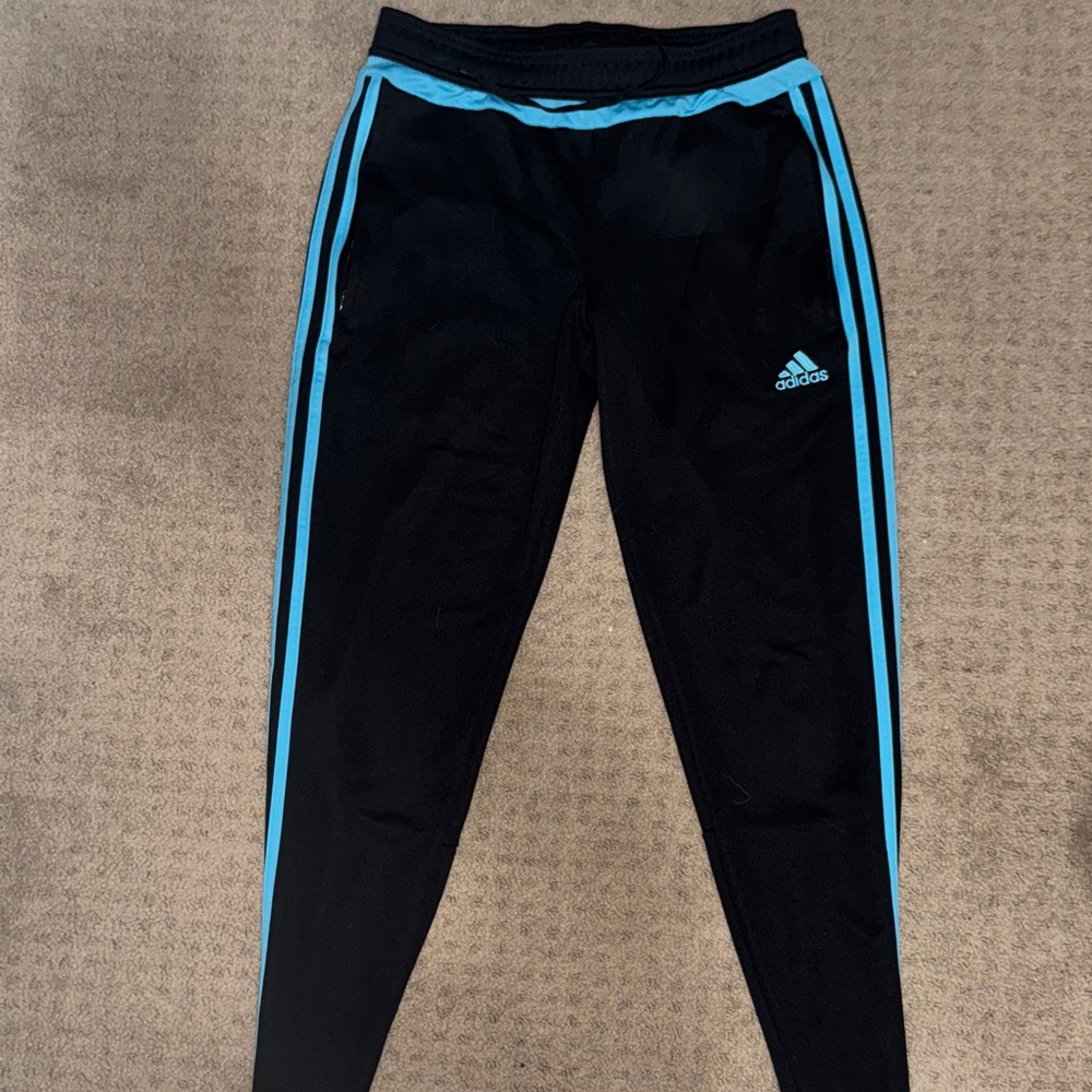 Adidas Black Track Pants with Blue Stripes